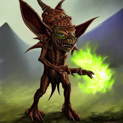 Image similar to a highly detailed goblin with dark skin and yellow eyes that glow, Like magic the gathering, goblin chainwalker, with a volcano in the background, digital art, by Christopher rush