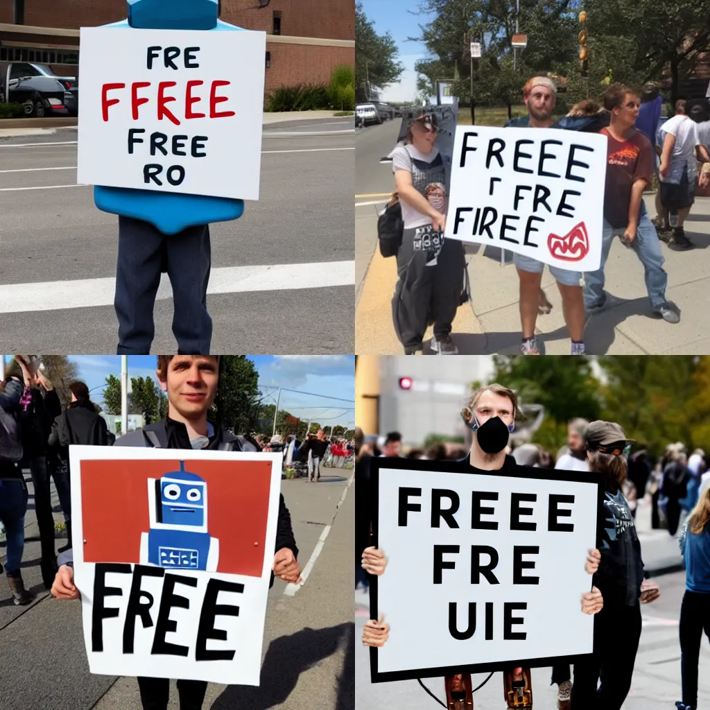 Prompt: Robot holding sign saying 'Free Ross Ulbrich'