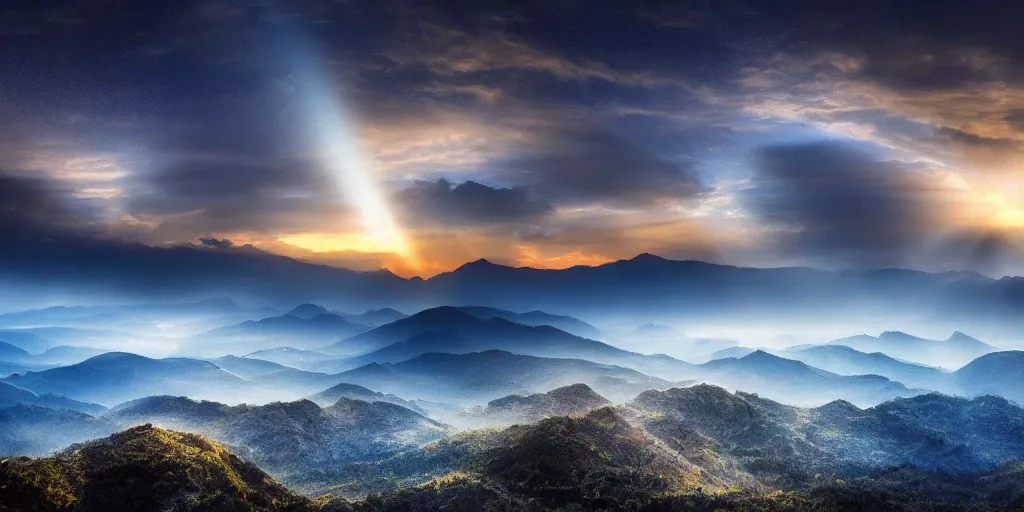 Image similar to twilight cinematic landscape atmospheric god-rays!! national geographic award winning