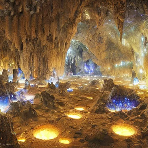 Prompt: a cave with huge glowing crystals in the walls and piles of bones on the floor, art by donato giancola and greg rutkowski, epic composition