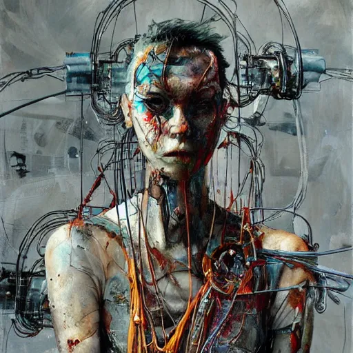 Image similar to mad max wires cybernetic implants, abandoned steelworks, grime and grunge, in the style of adrian ghenie, esao andrews, jenny saville,, surrealism, dark art by james jean, takato yamamoto