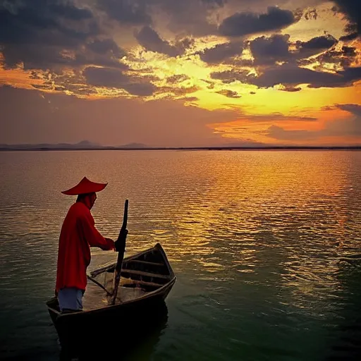 Prompt: “ an old chinese fisher on a small boat fishing with cormorant during sunset, he wears a red chinese hat ”