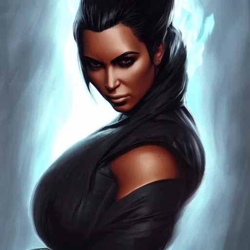 Image similar to unreleased concept art of kim kardashian as a ninja mortal kombat character, expressive pose, intricate, elegant, highly detailed, digital painting, artstation, concept art, smooth, sharp focus, illustration, art by artgerm and greg rutkowski and alphonse mucha