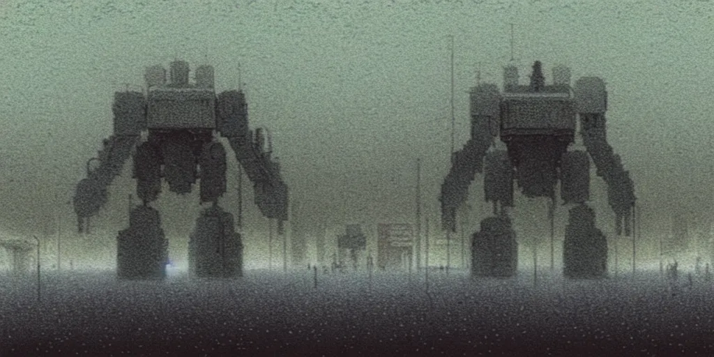 Image similar to grainy risograph matte painting of gigantic huge mech covered with wounds, black, pastel matte colors, staying in the foggy huge hyperrealism, parking station, by moebius, intricate detailed