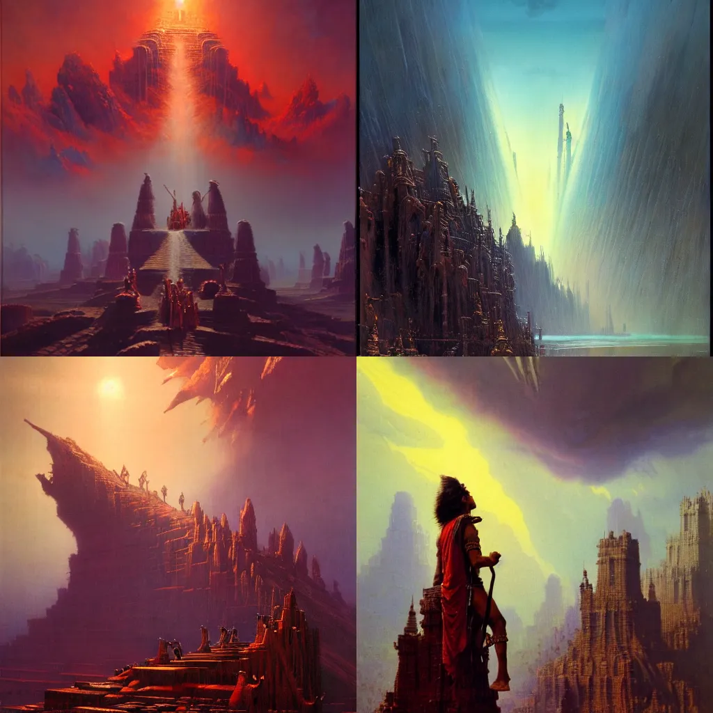 Prompt: An epic dramatic scene from Ramayan , by Bruce Pennington, by Wayne Barlowe, by Greg Rutkowski, oil on canvas, masterpiece, detailed, dynamic, cinematic composition, beautiful lighting, view from ground, trending on artstation, top on pixiv, 8K, no frames,