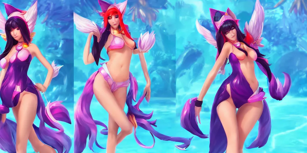 Image similar to Character sheet of gorgeous pool party ahri (League of Legends). 3d octane render trending on artstation