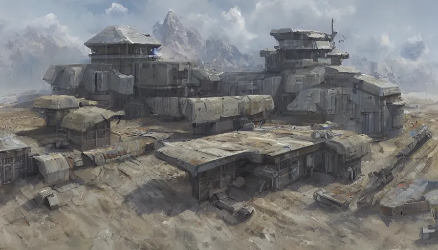 Prompt: concept art of modular military base, oil painting by jama jurabaev, brush hard, artstation, for aaa game, high quality, brush stroke