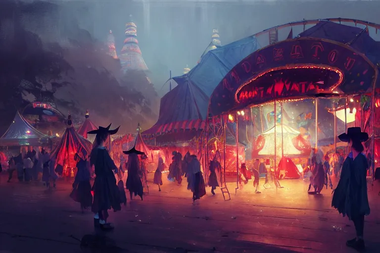 Image similar to close - up of student witches exploring small carnival amusement, food stalls, big top circus tent, roaming entertainers, flashing lights, highly detailed, magical, japan mountains, digital painting, concept art, matte, art by ruan jia and wlop and greg rutkowski and makoto shinkai, masterpiece