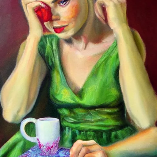 Image similar to Tinkerbell drinking coffee in short green dress with tattered hem, bare feet, hungover, detailed oil painting by Jasmine Beckett-Griffith