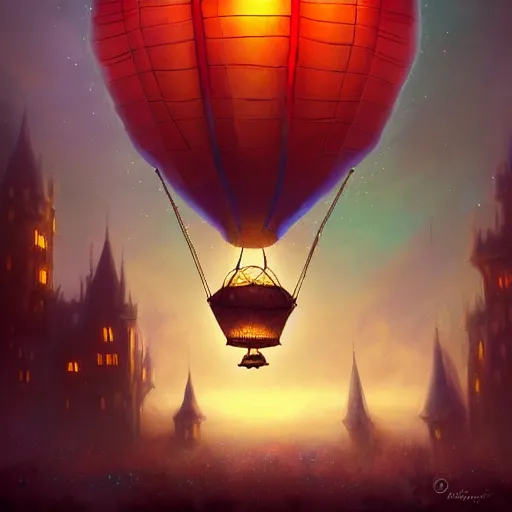 Prompt: a beautiful stunning fantasy whimsical matte digital illustration of a scene of a hot - air balloon powered by magic! over a lit city at night by marc simonetti, pastel color palette, disney magic the gathering steampunk!!!, chiaroscuro magical! bokeh moon stars dramatic romantic! epic breathtaking, trending on artstation hq, masterpiece