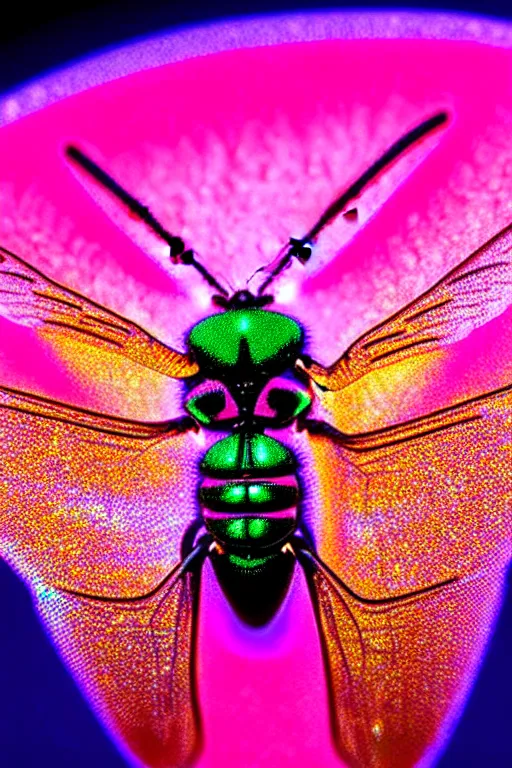 Prompt: high quality macro photo holographic neo-surreal fly! jeweled gorgeous! highly detailed digital art david ligare elson peter cinematic pink neon lighting high quality low angle hd 8k sharp shallow depth of field