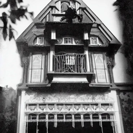 Prompt: Image from the haunted mansion next door, a person is standing in the window, black and white photography