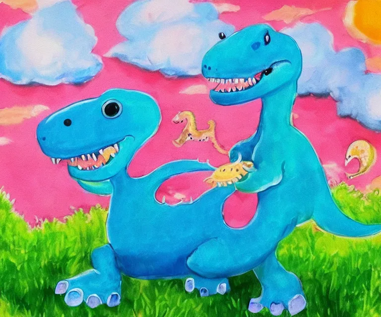 Image similar to a cute little dinosaur, water painting, cotton candy, fluffy clouds