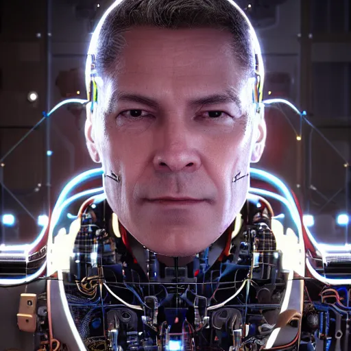 Prompt: a beautiful portrait of a middle - aged bionic male cyborg, cyberpunk, intricate wiring, electronic components, volumetric light, photography, color, intricate, extremely detailed, photorealistic, stunning, unreal engine 5