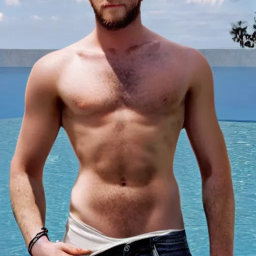 Image similar to a realistic detailed photo of a guy who is an attractive humanoid who is half robot and half humanoid, who is a male android, actor liam hemsworth, shiny skin, posing like a statue, blank stare, by the pool, on display, showing off his muscles