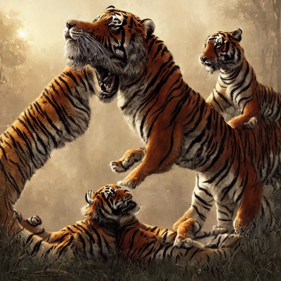 Prompt: the relationship between a girl and a tiger. they love each other, girl with beautiful soft woman body, detailed digital art by greg rutkowski.