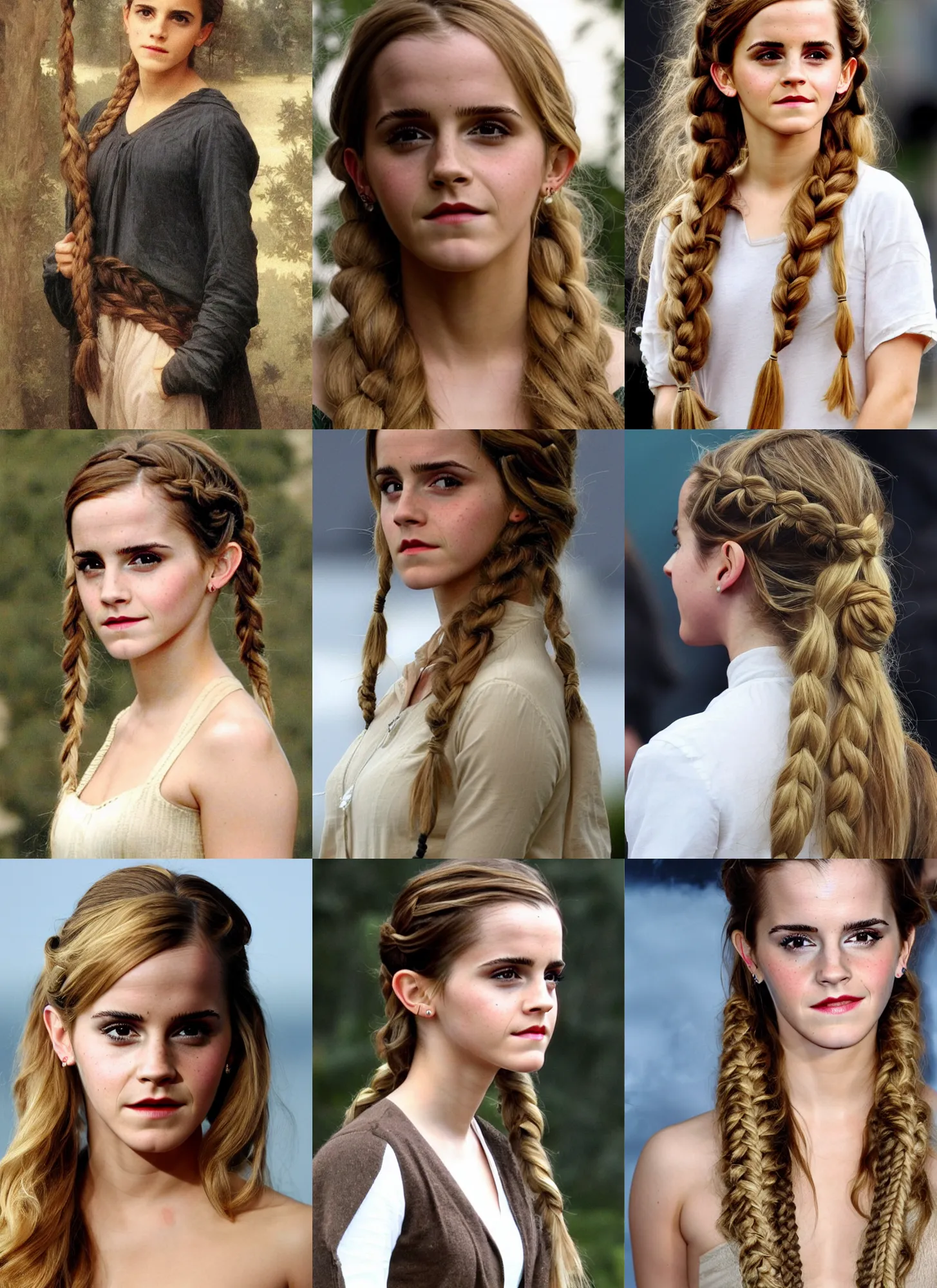 Prompt: emma watson, tall, long blond braided hair, bouguereau