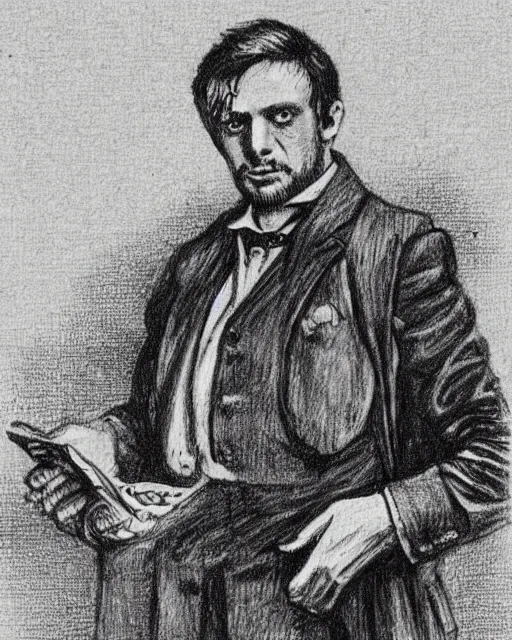 Prompt: Victorian drawing of professor of factory worker Jesse Pinkman, art by Sir Leslie Matthew Ward