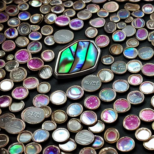 Image similar to block of abalone block of inlaid silver, block of ruby, sand, water reflecting pool coins photo rolex arpels swiss 4 k artstation