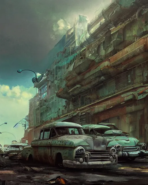 Prompt: fallout 5, tropical coastal city, desolate, dilapidated, abandoned retro futuristic vintage car and truck, buses, illustration, perfectly shaded, oft painting, art by krenz cushart and wenjun lin