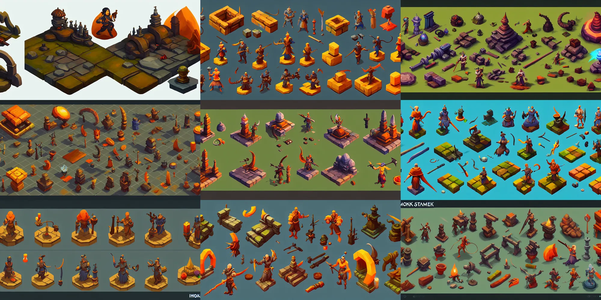 Prompt: isometric game asset of monk, in gouache detailed paintings, props, stylized, 2 d sprites asset sheet, kitbash, arcane, overwatch, many color scheme, 8 k, close up,