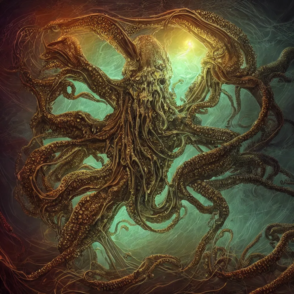 Prompt: close-up macro portrait of a Cthulhu and other fantastical sea creatures, epic angle and pose, ribcage bones symmetrical artwork, 3d with depth of field, blurred background, cybernetic jellyfish female face skull phoenix bird, translucent, nautilus, energy flows of water and fire. a highly detailed epic cinematic concept art CG render. made in Maya, Blender and Photoshop, octane render, excellent composition, cinematic dystopian brutalist atmosphere, dynamic dramatic cinematic lighting, aesthetic, very inspirational, arthouse. Greg Rutkowski, Ilya Kuvshinov, WLOP, Stanley Artgerm Lau, Ruan Jia and Fenghua Zhong