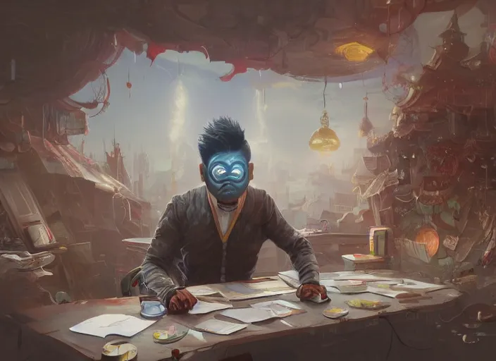 Image similar to an insanely detailed painting of an asian man wearing a homemade superhero costume, sitting at a desk, staring seriously at the computer and typing, in the style of peter mohrbacher, james jean, ruan jia, dramatic lighting and composition, surreal background, octane render, pixar, trending on artstation, concept art, comic book, view from behind, 8 k