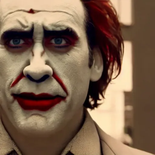 Prompt: nicolas cage as joaquin phoenix joker, screencap from joker movie, highly detailed