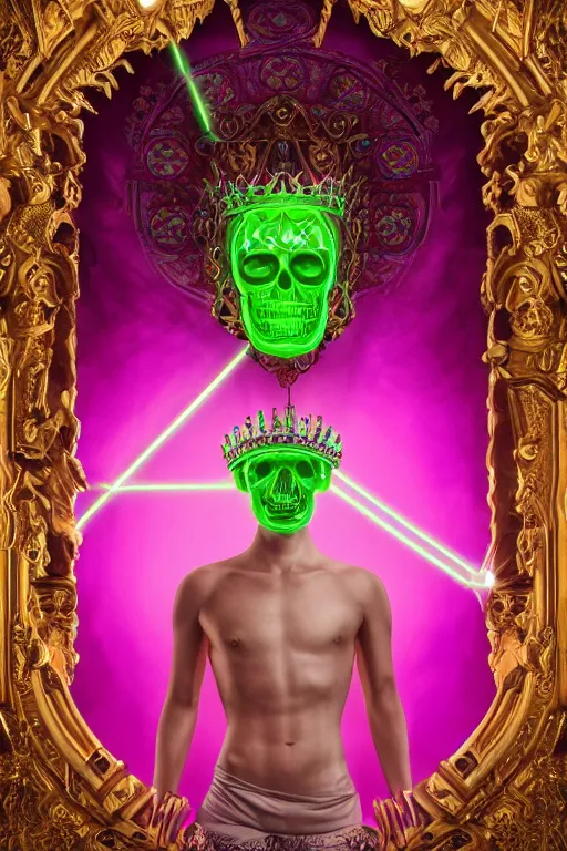 Image similar to full-body sculpture of a young handsome Spanish prince as a half android with a glowing green diamond in his chest, pink laser beams coming out of his eyes, crown of giant jewels, flowing neon-colored silk, human skull mask, geometric shapes in a cyperbunk and baroque style. intricate artwork by caravaggio. Trending on artstation, octane render, cinematic lighting from the right, photorealistic, octane render, 8k, depth of field, 3D