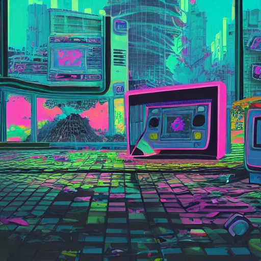 Prompt: a painting of an abandoned video game system, vaporwave arcade, weeds, cyberpunk art by Chris LaBrooy and james gurney, behance contest winner, auto-destructive art, dystopian art, apocalypse landscape, apocalypse art