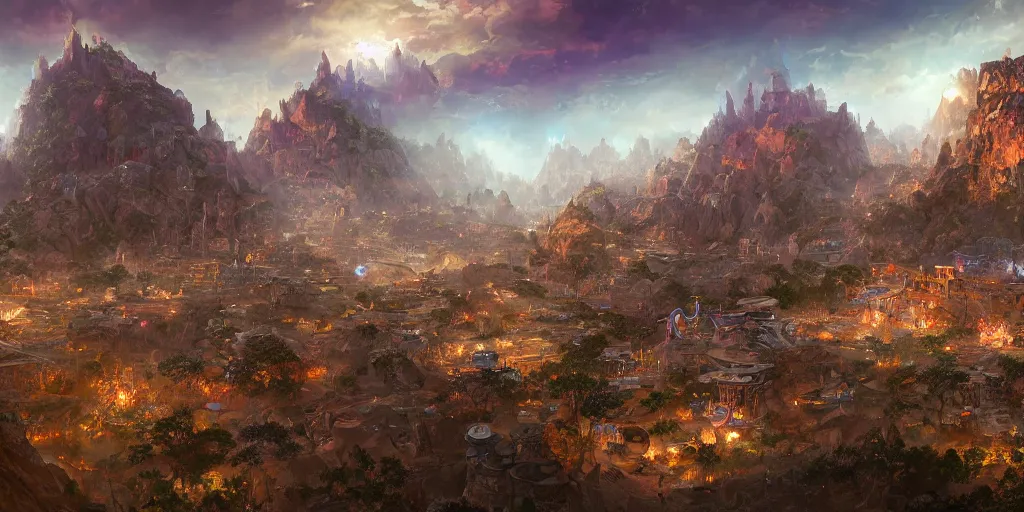 Prompt: an african city in a valley bordered by a fortress on the mountain side with three towers, multicolored spirits flying in the skies, highly detailed, fantasy art, cinematic volume lighting, 4k, illustration, epic scene, trending on artstation, art by Sebastian Luca