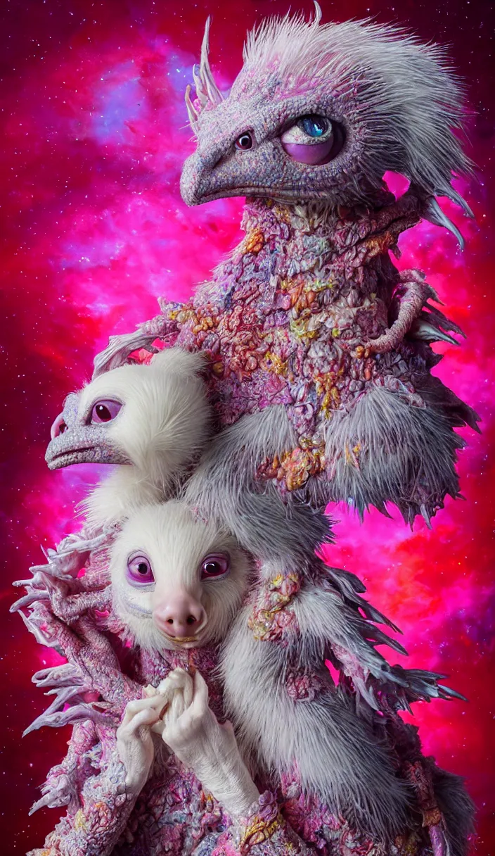 Prompt: hyper detailed 3d render like a Oil painting - kawaii portrait Aurora (a beautiful skeksis white muppet ferret queen from dark crystal that looks like Anya Taylor-Joy) seen red carpet photoshoot in UVIVF posing in scaly dress to Eat of the Strangling network of yellowcake aerochrome and milky Fruit and His delicate Hands hold of gossamer polyp blossoms bring iridescent fungal flowers whose spores black the foolish stars by Jacek Yerka, Ilya Kuvshinov, Mariusz Lewandowski, Houdini algorithmic generative render, Abstract brush strokes, Masterpiece, Edward Hopper and James Gilleard, Zdzislaw Beksinski, Mark Ryden, Wolfgang Lettl, hints of Yayoi Kasuma, octane render, 8k
