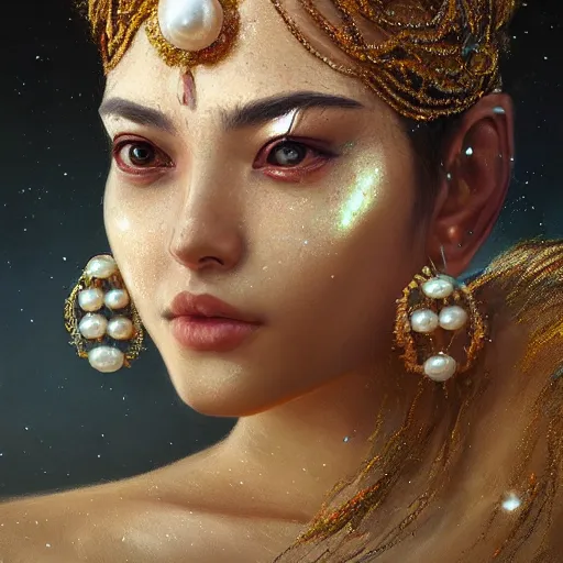 Image similar to a beautiful portrait of a pearl goddess with glittering skin, a detailed painting by greg rutkowski and raymond swanland, featured on cgsociety, fantasy art, detailed painting, artstation hd, photorealistic