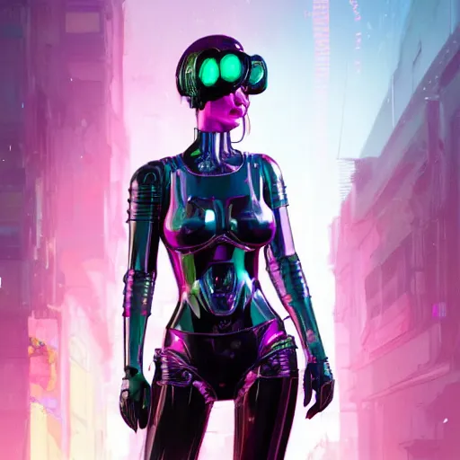 Image similar to highly detailed upper body portrait christina hendricks wearing shiny metallic pink plastic armor cyberpunk in gta v, stephen bliss, unreal engine, fantasy art by greg rutkowski, loish, rhads, ferdinand knab, makoto shinkai and lois van baarle, ilya kuvshinov, rossdraws, tom bagshaw, global illumination, radiant light, detailed and intricate environment