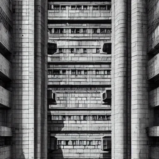 Image similar to a sci - fi beautiful brutalist monumental castle, with many towers sprouting from the base tower creating a complex and unique geometric building, photography