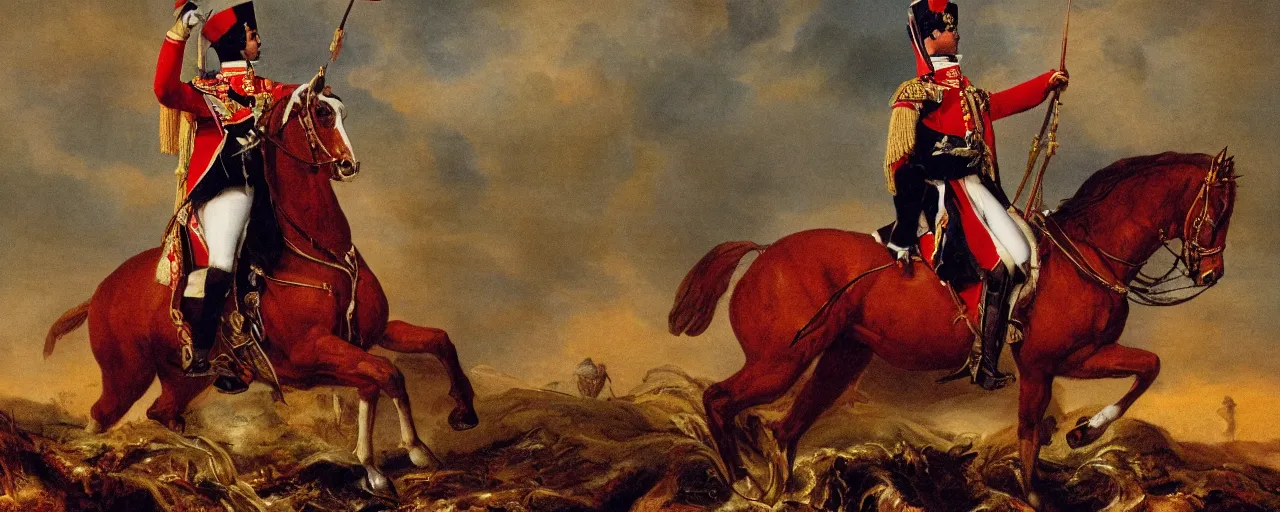 Image similar to napoleon bonaparte on a horse, in front of a mound of spaghetti, on the battle field, high detail, canon 5 0 mm, cinematic lighting, photography, retro, film, kodachrome