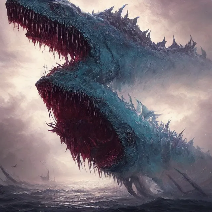 Image similar to sea monster large horror under the ocean d & d, d & d style, trending on artstation, intricate, highly detailed, vivid painting, colorful, art by greg rutkowski