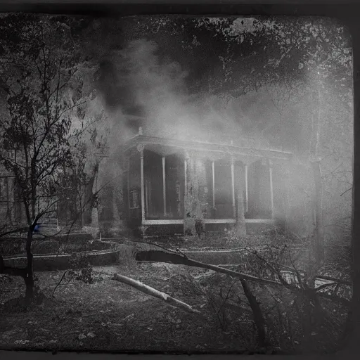 Prompt: 1860 photo of an ancient fractal smoke entity on an abandoned hospital on the middle of a forest, spooky