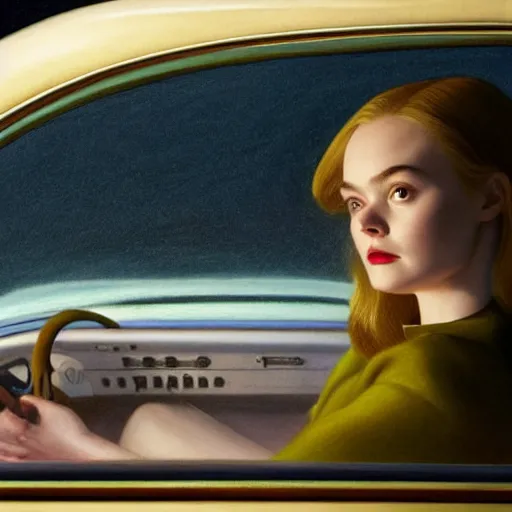 Prompt: Elle Fanning sleeping in the backseat of a 50s car in the world of Edward Hopper, stormy weather, extremely detailed masterpiece, oil on canvas, low-key neon lighting, artstation, Blade Runner 2049, Roger Deakin’s cinematography, by J. C. Leyendecker and Peter Paul Rubens,