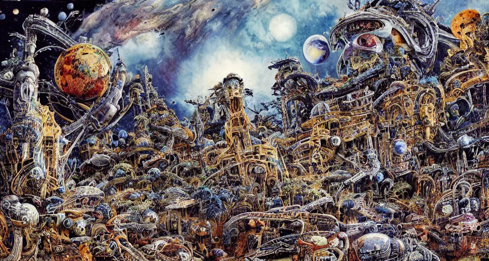 Prompt: alien planet, inhabited by giant aliens, dichromatism, 8 k, super - resolution, massive scale, insanely detailed and intricate, hypermaximalist, elegant, ornate, hyper realistic, super detailed, by ralph steadman