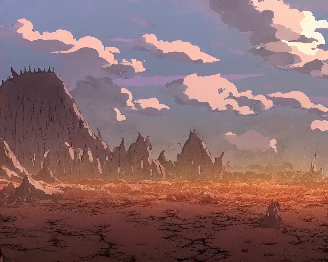 Prompt: landscape of flat wastelands, thin rocky spikes, studio ghibli style, hayao miyazaki, award winning photograph, highly detailed, artstation, hd wallpaper