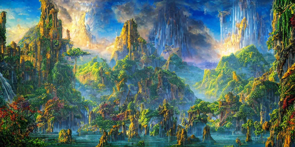 Prompt: fantasy oil painting, regale, fortress mega structure city, atlantis, colossus of rhodes gateway, hybrid, looming, warm lighting, overlooking, epic, lush plants flowers, rainforest mountains, bright clouds, luminous sky, outer worlds, cinematic lighting, michael cheval, michael whelan, oil painting, natural tpose