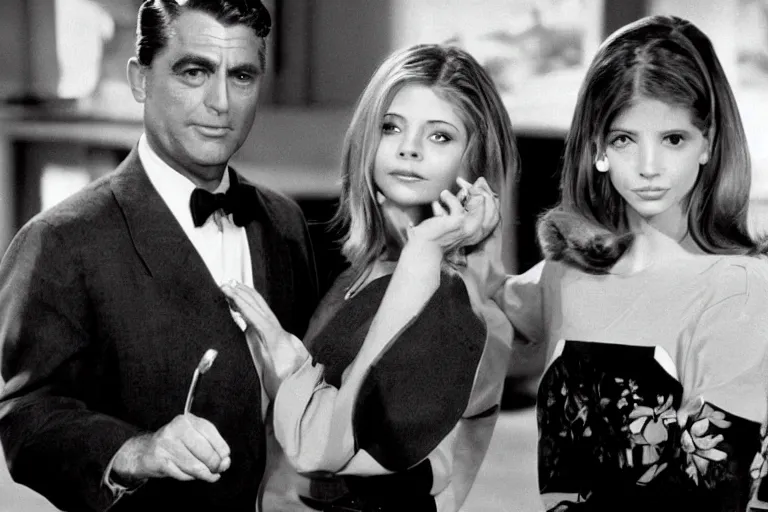 Image similar to cary grant as giles in buffy the vampire slayer, along side sarah michelle gellar 1 9 9 8