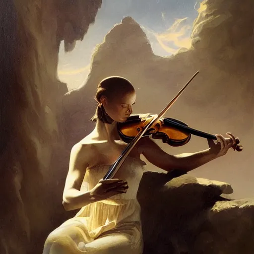 Image similar to bold simple baroque oil painting of violin interior, by peter mohrbacher, by frank frazetta, by alan lee, john howe, da vinci, large depth of field, super detailed, digital art, trending on artstation, ornate