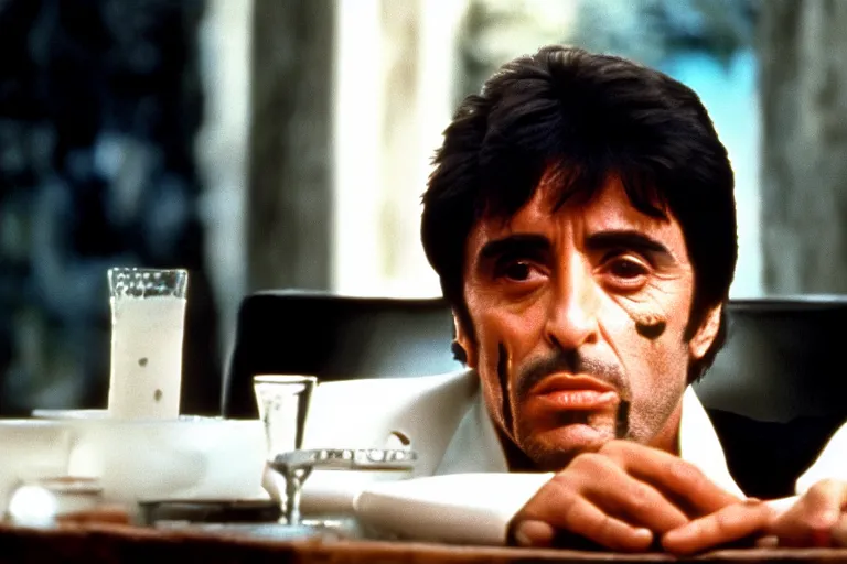 Image similar to face portrait of tony montana from movie scarface 1 9 8 3 sitting behind a big black oak table with big large packages of flour. al pacino. perfect symmetric face, coherent eyes, ron cobb, fine details, cinestill, 4 k. last scene from scarface movie, bokeh