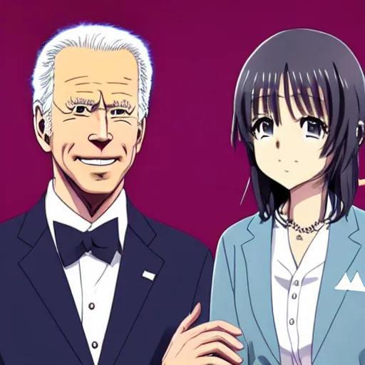 Image similar to key anime visual of joe biden and Saiki Kusuo; official media