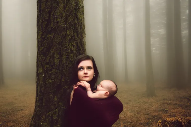 Image similar to a cinematic photo of a young woman with dark hair holds a baby in a dark, foggy forest, closeup, masterpiece