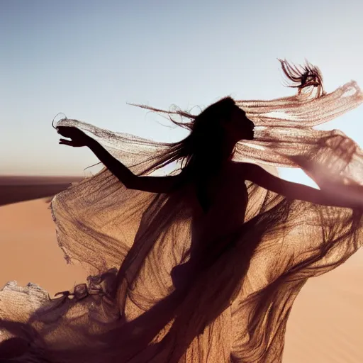 Image similar to filmstill photography of female body sulhouette covered with curly white translucent blanket blowing in wind, acrylic liquid colors, luxurious supermodel photoshooting, golden jewelry, bokeh, godrays, strong wind, wrinkles, sunrays, sunset, lens flares, monet, renoir, cold colors, sand dunes