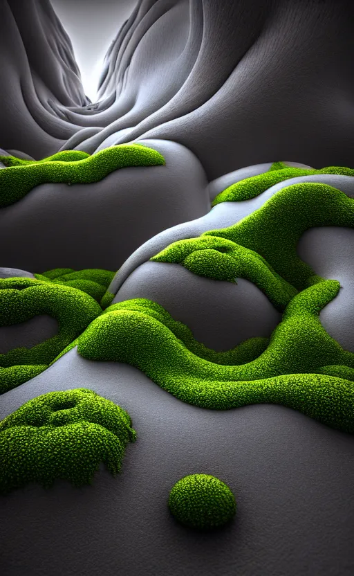 Image similar to highly detailed ultra sharp 3 d render cinematic composition of a smooth ceramic porcelain biomorphic magnolia stone nebula fluid fractal sci - fi surreal architecture landscape, granite, metallic, magnesium, marble, moss and lichen, vincent callebaut composition, mamou - mani, archviz, beautiful lighting, 8 k, unreal engine, hdr,