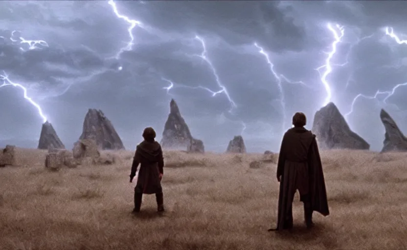 Prompt: screenshot portrait of Luke Skywalker in a windy lightning battlefield with scattered ruins of a fiery jedi rock temple, surrounded by giant AT-AT walkers, with young jedi army behind him, iconic scene from 1970s film by Stanley Kubrick, last jedi, 4k HD, cinematic lighting, beautiful portrait of Mark Hammill, moody scene, stunning cinematography, anamorphic lenses, kodak color film stock